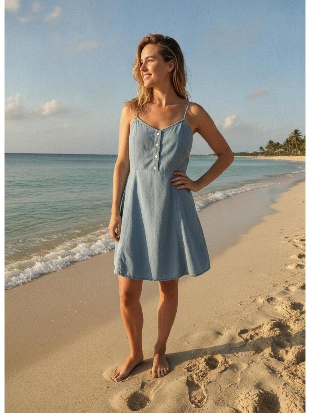 GAP Light Wash Chambray Denim Spaghetti Strap Dress Size 14